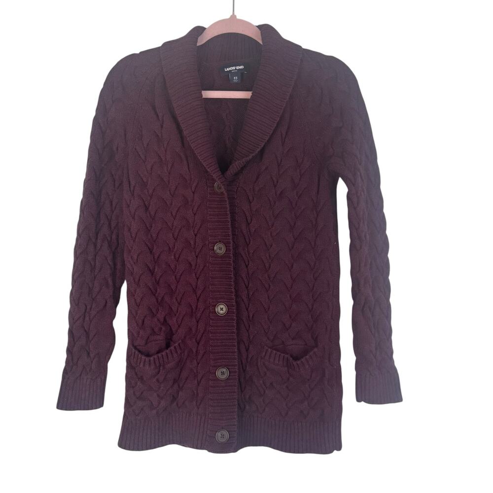Lands' End Drifter Cardigan Sweater XS‎ Purple Cable Knit Fisherman Cardigan